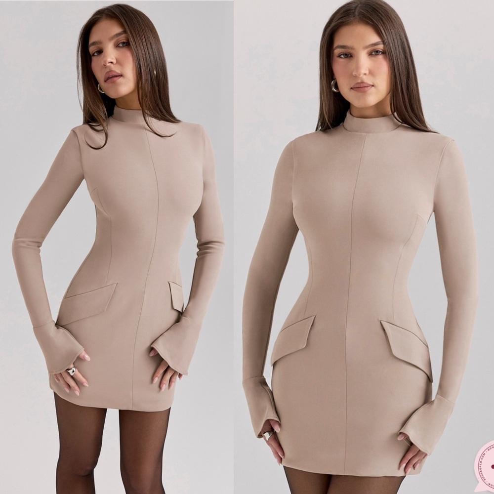 House Of Cb Mahalia Taupe Long Sleeve Mock Neck Mini Dress NWOT Size M